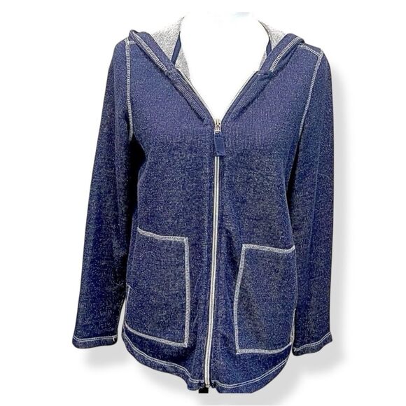 Heathered Blue Zip Up Hoodie Gray Stitching Pockets Soft Casual Loungewear S - Picture 1 of 9